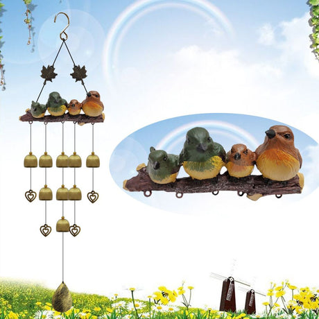 Happy Bird Resin Wind Chime – Alloy Bell Outdoor Garden Hanging Decor, Multi-Layer Balcony Ornament.(Hong Niao)