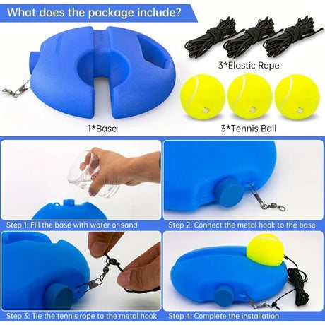 Portable Tennis Trainer: Features a water-fillable weighted base with anti-tangle design. Includes 3 tennis balls and an elastic cord. Suitable for solo indoor/outdoor use, ideal for all ages.blue