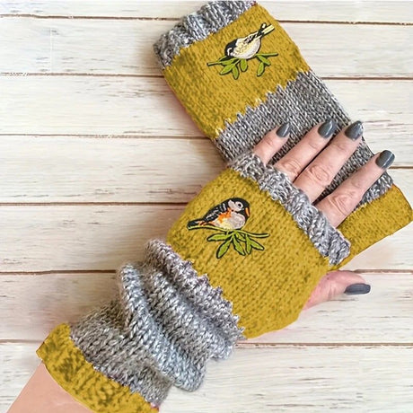 Color-Block Bird Embroidered Fingerless Knit Gloves – Warm, Flexible, Perfect for Daily Autumn/Winter Use, 8.5×22cm Stylish Practical Commute Hand-Warming Essential(black)