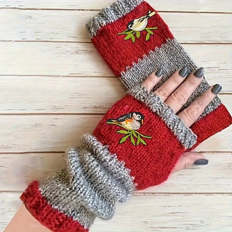 Color-Block Bird Embroidered Fingerless Knit Gloves – Warm, Flexible, Perfect for Daily Autumn/Winter Use, 8.5×22cm Stylish Practical Commute Hand-Warming Essential(GREEN)