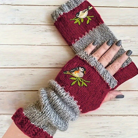 Color-Block Bird Embroidered Fingerless Knit Gloves – Warm, Flexible, Perfect for Daily Autumn/Winter Use, 8.5×22cm Stylish Practical Commute Hand-Warming Essential(dark red)