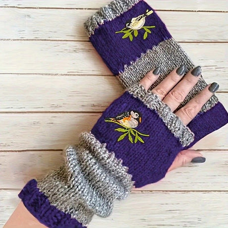 Color-Block Bird Embroidered Fingerless Knit Gloves – Warm, Flexible, Perfect for Daily Autumn/Winter Use, 8.5×22cm Stylish Practical Commute Hand-Warming Essential(dark red)