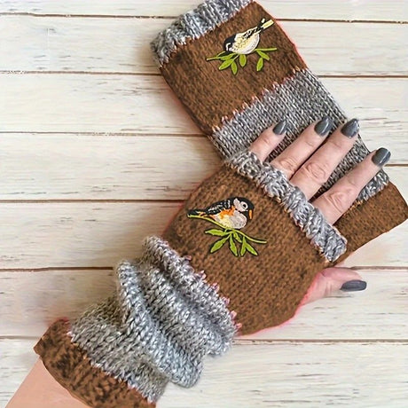 Color-Block Bird Embroidered Fingerless Knit Gloves – Warm, Flexible, Perfect for Daily Autumn/Winter Use, 8.5×22cm Stylish Practical Commute Hand-Warming Essential(dark red)