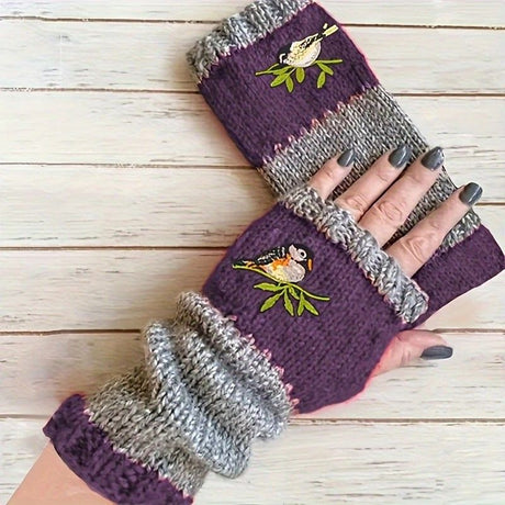 Color-Block Bird Embroidered Fingerless Knit Gloves – Warm, Flexible, Perfect for Daily Autumn/Winter Use, 8.5×22cm Stylish Practical Commute Hand-Warming Essential(dark red)