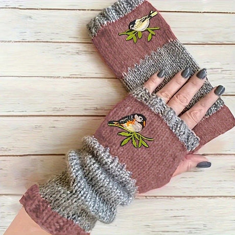 Color-Block Bird Embroidered Fingerless Knit Gloves – Warm, Flexible, Perfect for Daily Autumn/Winter Use, 8.5×22cm Stylish Practical Commute Hand-Warming Essential(dark red)