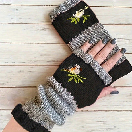 Color-Block Bird Embroidered Fingerless Knit Gloves – Warm, Flexible, Perfect for Daily Autumn/Winter Use, 8.5×22cm Stylish Practical Commute Hand-Warming Essential(dark red)