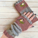 Color-Block Bird Embroidered Fingerless Knit Gloves – Warm, Flexible, Perfect for Daily Autumn/Winter Use, 8.5×22cm Stylish Practical Commute Hand-Warming Essential(purple)