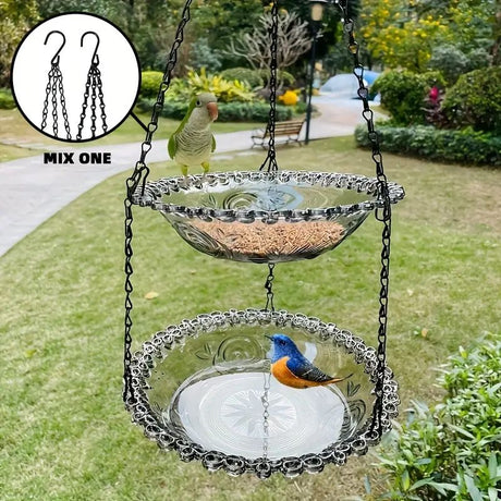 Chain-hung Double-layer Bird Feeder, transparent bowls for easy observation, thickened iron chain for stable load-bearing, adding natural vitality and bird-watching fun to your courtyard./BLACK