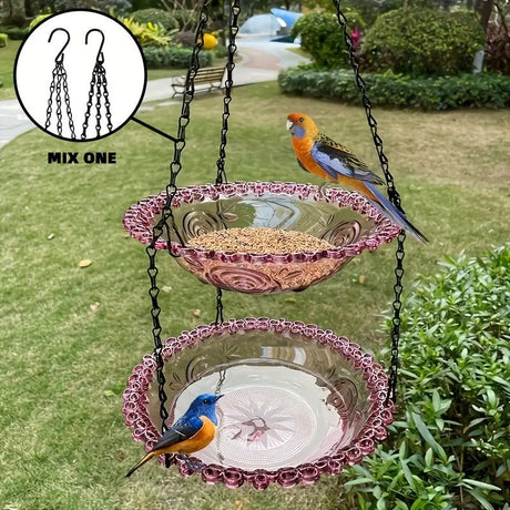Chain-hung Double-layer Bird Feeder, transparent bowls for easy observation, thickened iron chain for stable load-bearing, adding natural vitality and bird-watching fun to your courtyard./purple