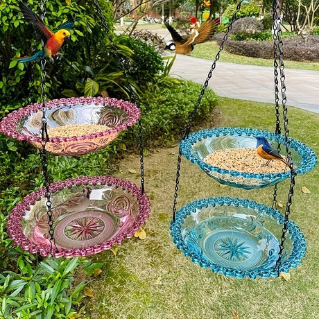 Chain-hung Double-layer Bird Feeder, transparent bowls for easy observation, thickened iron chain for stable load-bearing, adding natural vitality and bird-watching fun to your courtyard./purple
