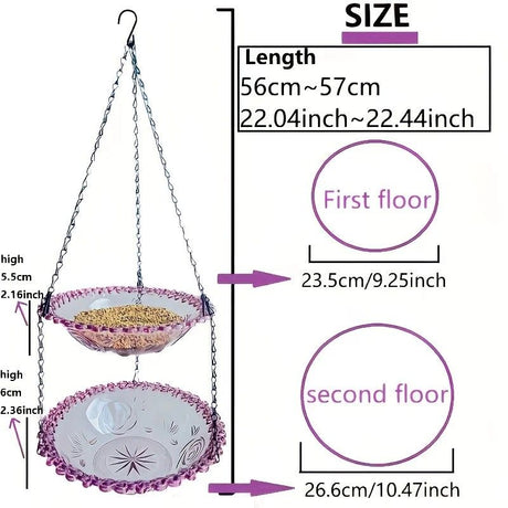 Chain-hung Double-layer Bird Feeder, transparent bowls for easy observation, thickened iron chain for stable load-bearing, adding natural vitality and bird-watching fun to your courtyard./purple