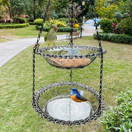 Chain-hung Double-layer Bird Feeder, transparent bowls for easy observation, thickened iron chain for stable load-bearing, adding natural vitality and bird-watching fun to your courtyard./purple