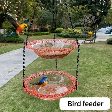 Chain-hung Double-layer Bird Feeder, transparent bowls for easy observation, thickened iron chain for stable load-bearing, adding natural vitality and bird-watching fun to your courtyard./purple