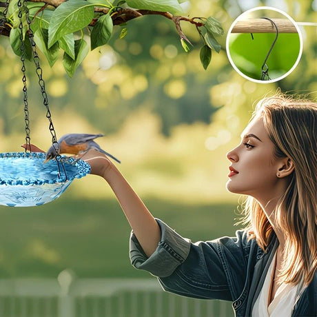 Chain-hung Double-layer Bird Feeder, transparent bowls for easy observation, thickened iron chain for stable load-bearing, adding natural vitality and bird-watching fun to your courtyard./purple