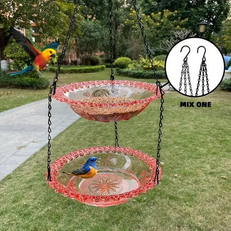 Chain-hung Double-layer Bird Feeder, transparent bowls for easy observation, thickened iron chain for stable load-bearing, adding natural vitality and bird-watching fun to your courtyard./purple