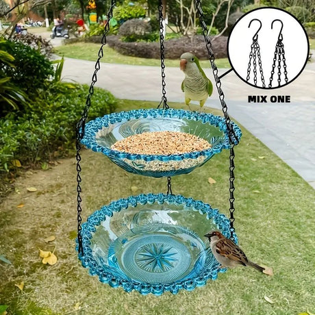 Chain-hung Double-layer Bird Feeder, transparent bowls for easy observation, thickened iron chain for stable load-bearing, adding natural vitality and bird-watching fun to your courtyard./purple