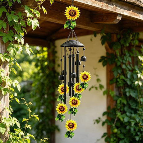 Retro black metal sunflower wind chime, 91cm long, 6 bells and 4 tubes, crisp and pleasant sound, adding pastoral poetry and dynamic beauty to courtyards and gardens.
