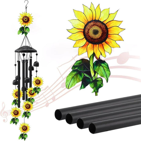 Retro black metal sunflower wind chime, 91cm long, 6 bells and 4 tubes, crisp and pleasant sound, adding pastoral poetry and dynamic beauty to courtyards and gardens.