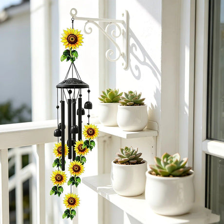 Retro black metal sunflower wind chime, 91cm long, 6 bells and 4 tubes, crisp and pleasant sound, adding pastoral poetry and dynamic beauty to courtyards and gardens.
