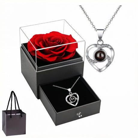 White gold A Hundred Languages Heart-Shaped Projection Necklace Gift Set, Inlaid with Zirconia and Paired with a Preserved Rose, a Tech-Infused Romantic Gift