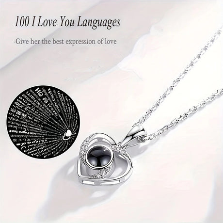 White gold A Hundred Languages Heart-Shaped Projection Necklace Gift Set, Inlaid with Zirconia and Paired with a Preserved Rose, a Tech-Infused Romantic Gift