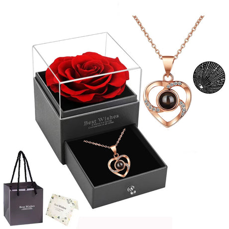 White gold A Hundred Languages Heart-Shaped Projection Necklace Gift Set, Inlaid with Zirconia and Paired with a Preserved Rose, a Tech-Infused Romantic Gift