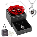 Rose Heart Projection Necklace, elegant in platinum, "I love you" in 100 languages, packaged with a single rose gift box – a romantic tech-infused gift.