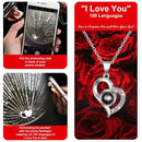 Rose Heart Projection Necklace, elegant in platinum, "I love you" in 100 languages, packaged with a single rose gift box – a romantic tech-infused gift.
