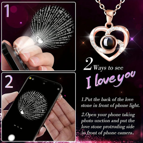A Hundred Languages Heart-Shaped Projection Necklace Set, rose gold-plated with zirconia inlay, paired with an apple preserved rose gift box—a perfect fusion of technology and romance.