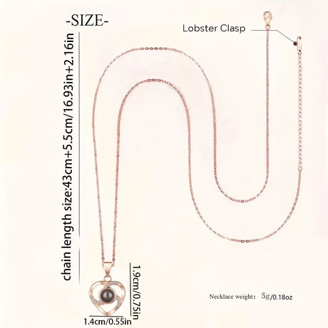 A Hundred Languages Heart-Shaped Projection Necklace Set, rose gold-plated with zirconia inlay, paired with an apple preserved rose gift box—a perfect fusion of technology and romance.