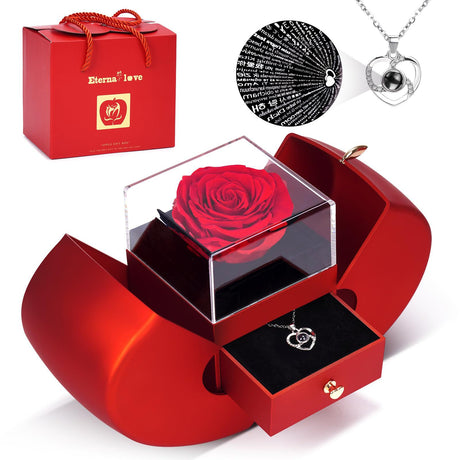 A Hundred Languages Heart-Shaped Projection Necklace Set, silver-plated with zirconia inlay, paired with an apple preserved rose gift box—a perfect fusion of technology and romance.