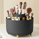 Black 360-Degree Rotating Cosmetic Organizer – 1 Plastic Makeup Storage Box with 5 Compartments – Multi-Purpose Holder for Brushes, Lipsticks, Skincare Products, and Stationery – Durable Odor-Free Desktop Storage Container with Luxurious Stripe Design