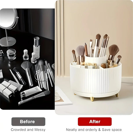 Black 360-Degree Rotating Cosmetic Organizer – 1 Plastic Makeup Storage Box with 5 Compartments – Multi-Purpose Holder for Brushes, Lipsticks, Skincare Products, and Stationery – Durable Odor-Free Desktop Storage Container with Luxurious Stripe Design