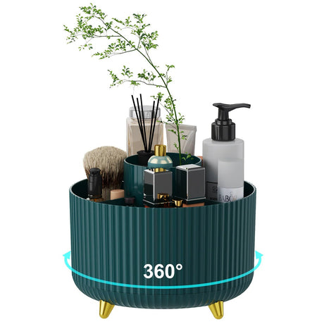 Black 360-Degree Rotating Cosmetic Organizer – 1 Plastic Makeup Storage Box with 5 Compartments – Multi-Purpose Holder for Brushes, Lipsticks, Skincare Products, and Stationery – Durable Odor-Free Desktop Storage Container with Luxurious Stripe Design