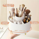 Pink 360-Degree Rotating Cosmetic Organizer – 1 Plastic Makeup Storage Box with 5 Compartments – Multi-Purpose Holder for Brushes, Lipsticks, Skincare Products, and Stationery – Durable Odor-Free Desktop Storage Container with Luxurious Stripe Design