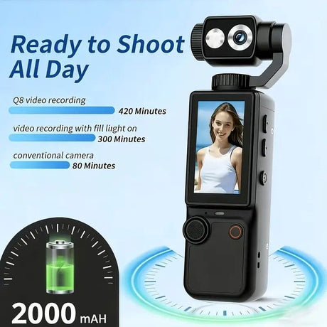 Full HD Handheld Action Camera with 16GB Memory, Portable Pocket Gimbal Camera for Outdoor Travel Vlogging, Featuring a Handheld Gimbal and 1.9-inch Screen.ORANGE
