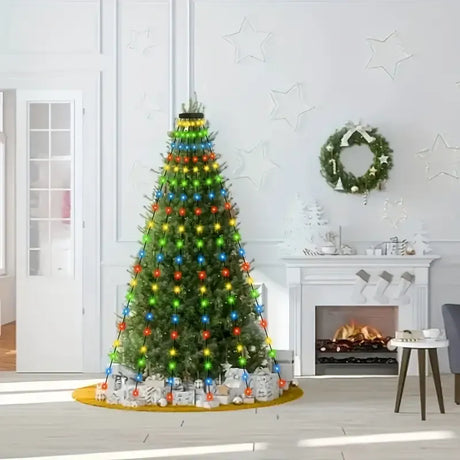 USB Remote Control Christmas Tree Waterfall String Light | Ring Hanging Tool-Free Installation, High-Density LED Starburst Effect, IP44 Waterproof, Fits 4–12ft Trees (warm white 1.5m / 200 Lights)