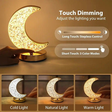Rechargeable acrylic crystal desk lamp with 3 color temperatures touch control, USB charging for portability, and stepless brightness adjustment. Diamond-cut design serves as both an ambient light and an art piece./MOON