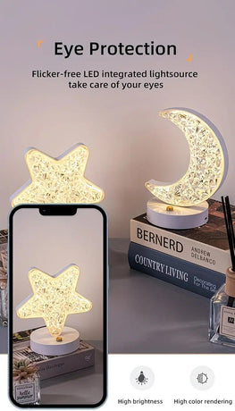 Rechargeable acrylic crystal desk lamp with 3 color temperatures touch control, USB charging for portability, and stepless brightness adjustment. Diamond-cut design serves as both an ambient light and an art piece./MOON