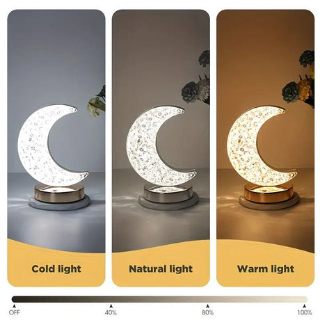 Rechargeable acrylic crystal desk lamp with 3 color temperatures touch control, USB charging for portability, and stepless brightness adjustment. Diamond-cut design serves as both an ambient light and an art piece./MOON