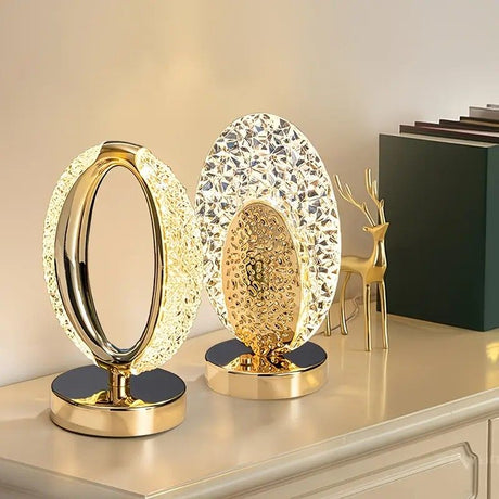 Rechargeable acrylic crystal desk lamp with 3 color temperatures touch control, USB charging for portability, and stepless brightness adjustment. Diamond-cut design serves as both an ambient light and an art piece./MOON