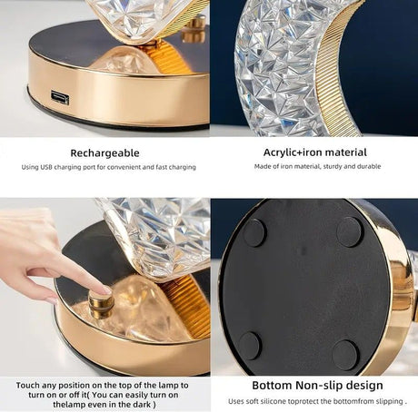 Rechargeable acrylic crystal desk lamp with 3 color temperatures touch control, USB charging for portability, and stepless brightness adjustment. Diamond-cut design serves as both an ambient light and an art piece./MOON