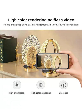 Rechargeable acrylic crystal desk lamp with 3 color temperatures touch control, USB charging for portability, and stepless brightness adjustment. Diamond-cut design serves as both an ambient light and an art piece./MOON