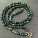 108-Piece Moss Agate Handcrafted Necklace, Natural Plant-Patterned Zen Layered Blessing Bead Strand