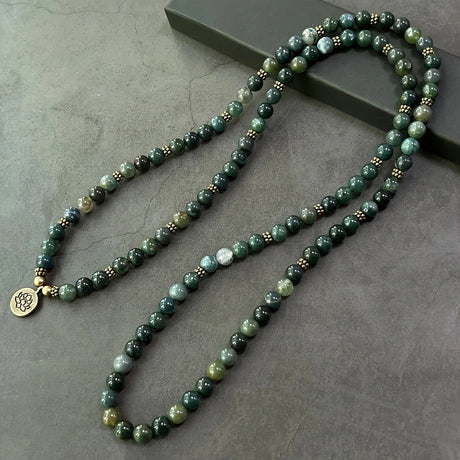 108-Piece Moss Agate Handcrafted Necklace, Natural Plant-Patterned Zen Layered Blessing Bead Strand