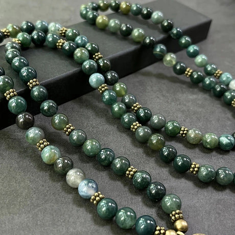 108-Piece Moss Agate Handcrafted Necklace, Natural Plant-Patterned Zen Layered Blessing Bead Strand