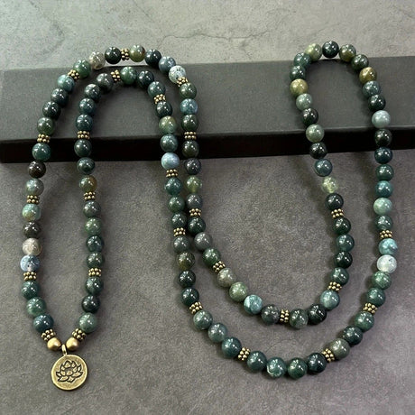 108-Piece Moss Agate Handcrafted Necklace, Natural Plant-Patterned Zen Layered Blessing Bead Strand