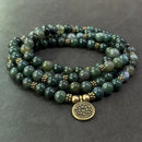 108-Piece Moss Agate Handcrafted Necklace, Natural Plant-Patterned Zen Layered Blessing Bead Strand