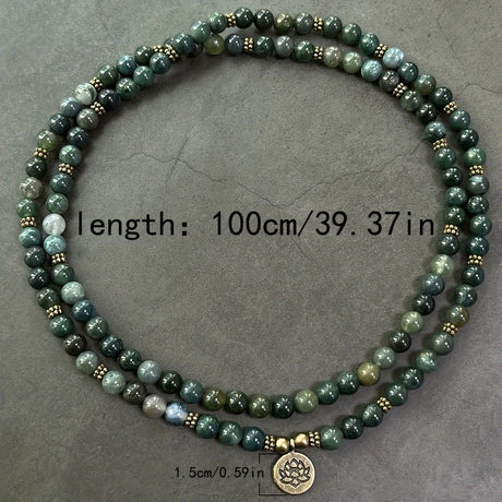 108-Piece Moss Agate Handcrafted Necklace, Natural Plant-Patterned Zen Layered Blessing Bead Strand