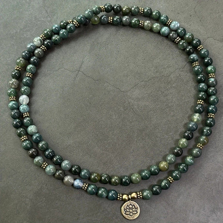 108-Piece Moss Agate Handcrafted Necklace, Natural Plant-Patterned Zen Layered Blessing Bead Strand